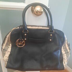 Michael Kors Black and Snakeskin Leather Bowling Bag Purse MK Logo